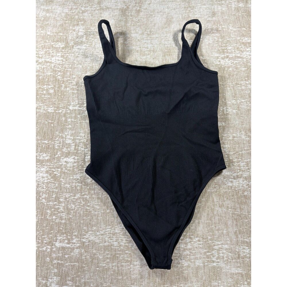 OQQ Black Ribbed Scoop Neck Bodysuit Size XXL
